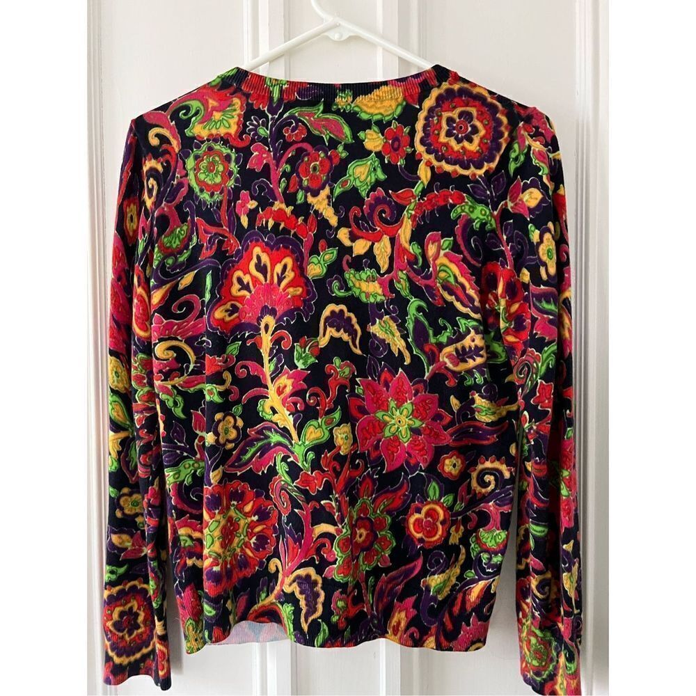 Talbots multicolor hot pink gold green black floral lightweight cardigan sweater - Picture 4 of 4
